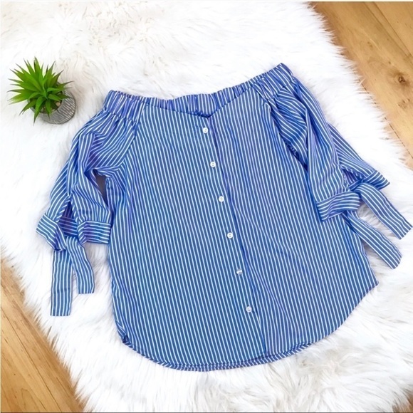 Haute Project Blue Striped Off The Shoulder Top - Picture 2 of 11